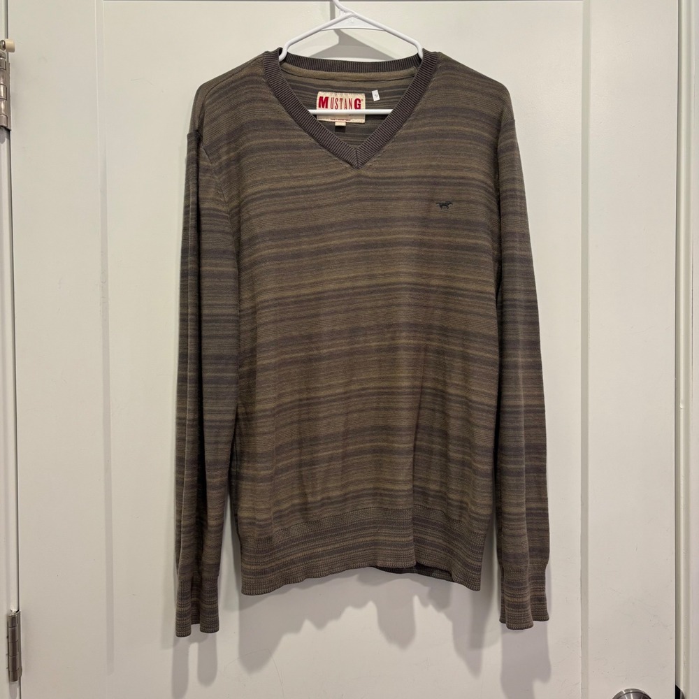 Mustang 1932 Mens Cotton Striped Crewneck Sweater Olive Grey Size‎ M 431157